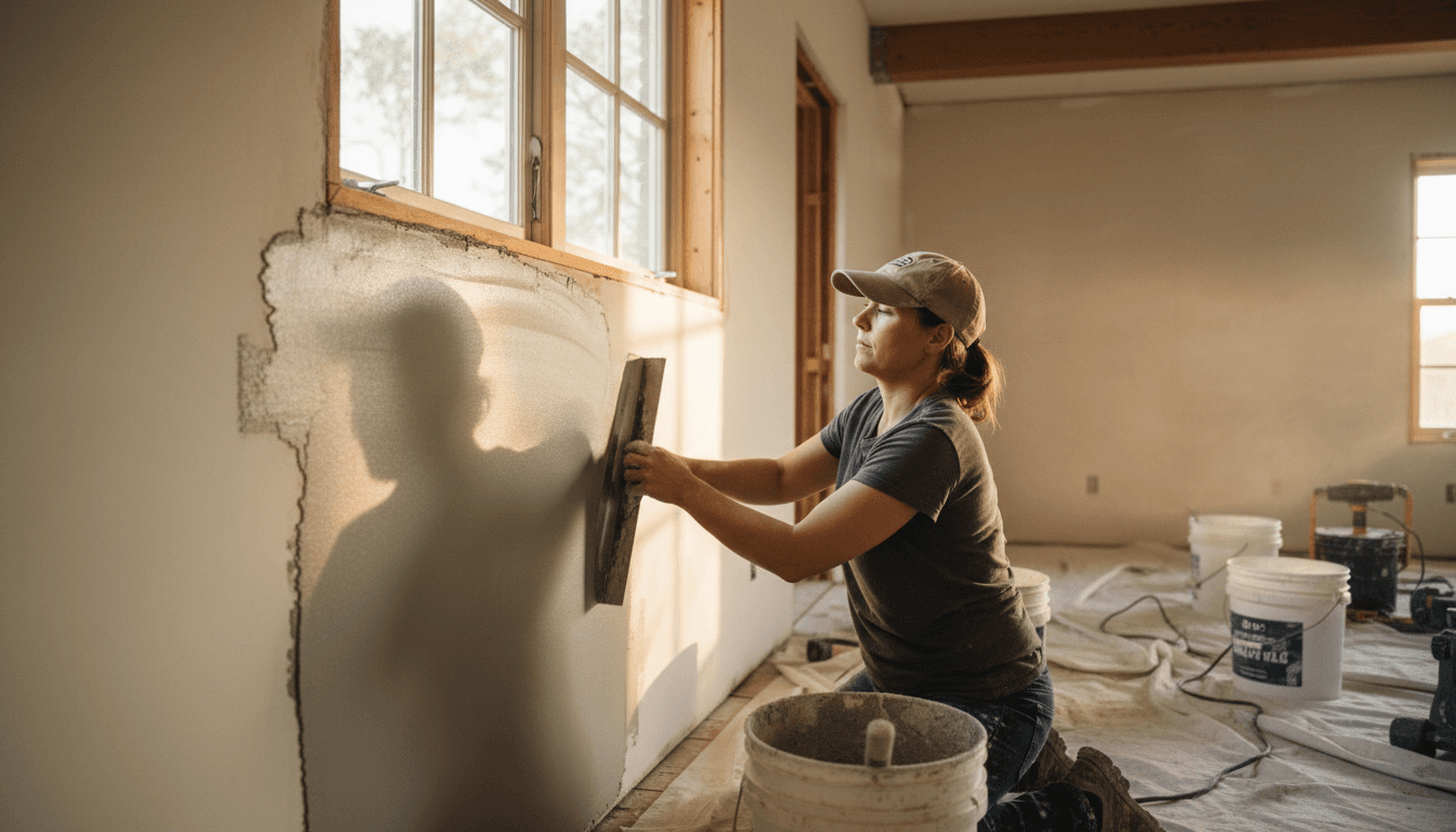 Skilled tradesperson applying plaster to an interior wall with precision and care