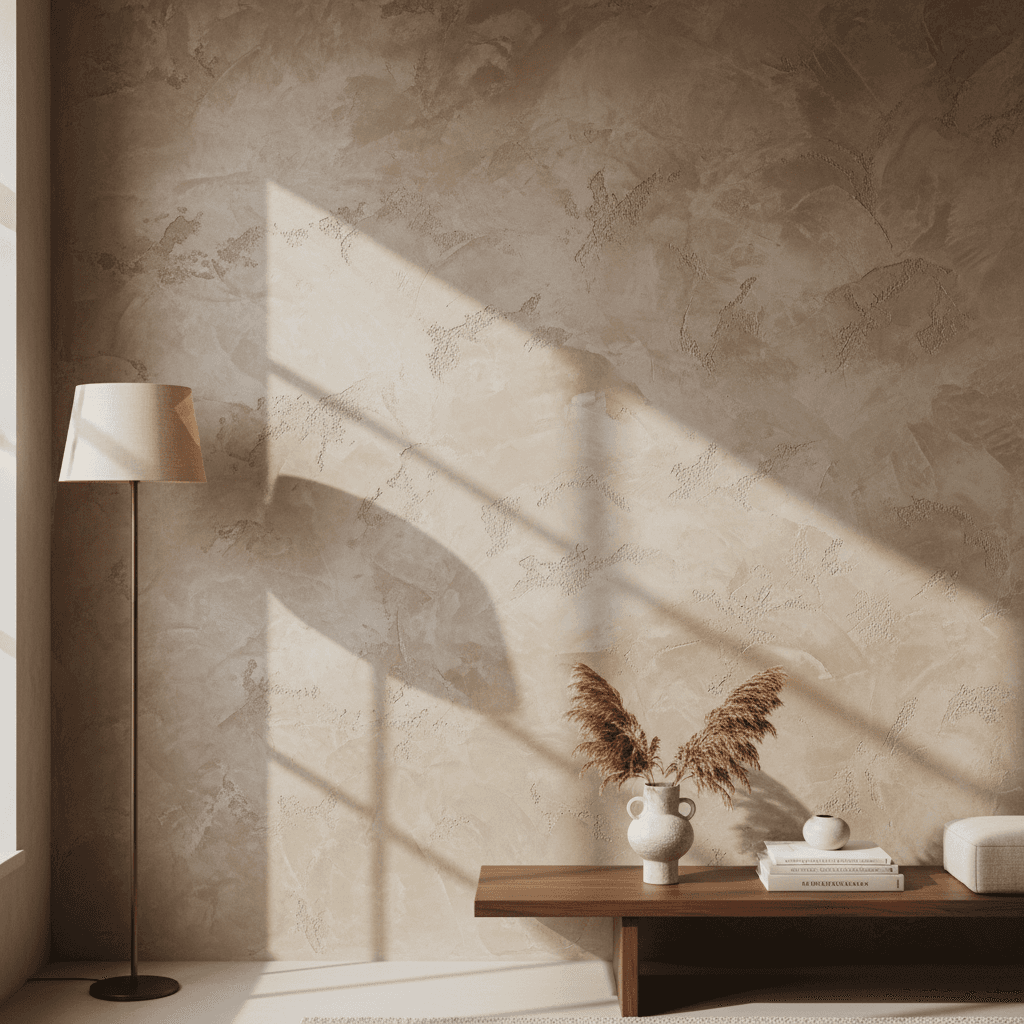 Close-up of a textured and specialty plaster finish on an interior wall