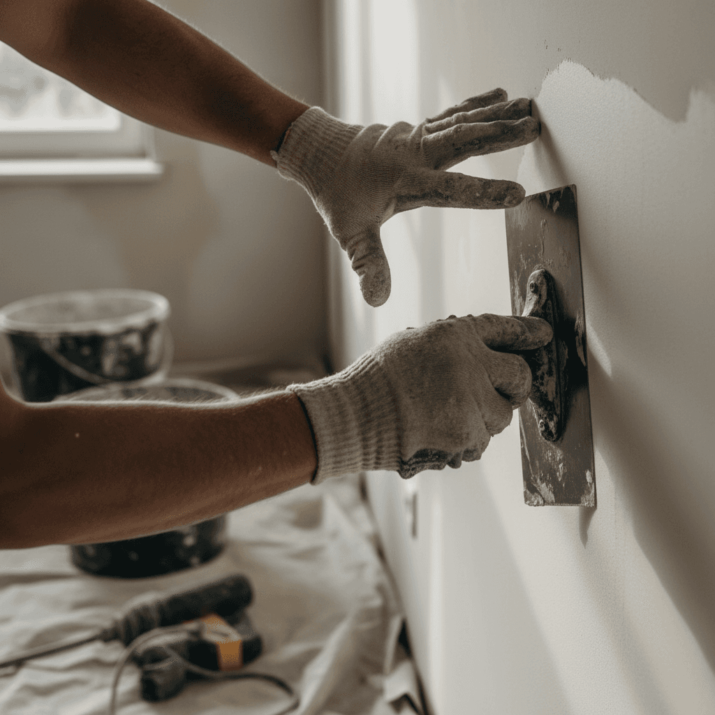 Plasterer applying plaster to interior wall with professional technique
