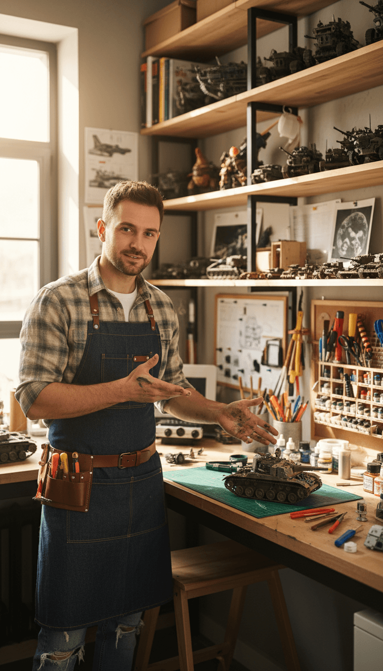 Model builder standing at workbench wearing casual attire, surrounded by tools and completed vehicle models in bright workshop studio