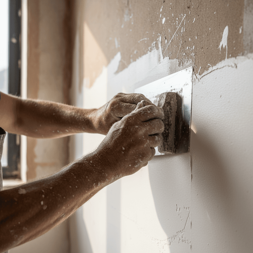 Plasterer applying plaster to interior wall