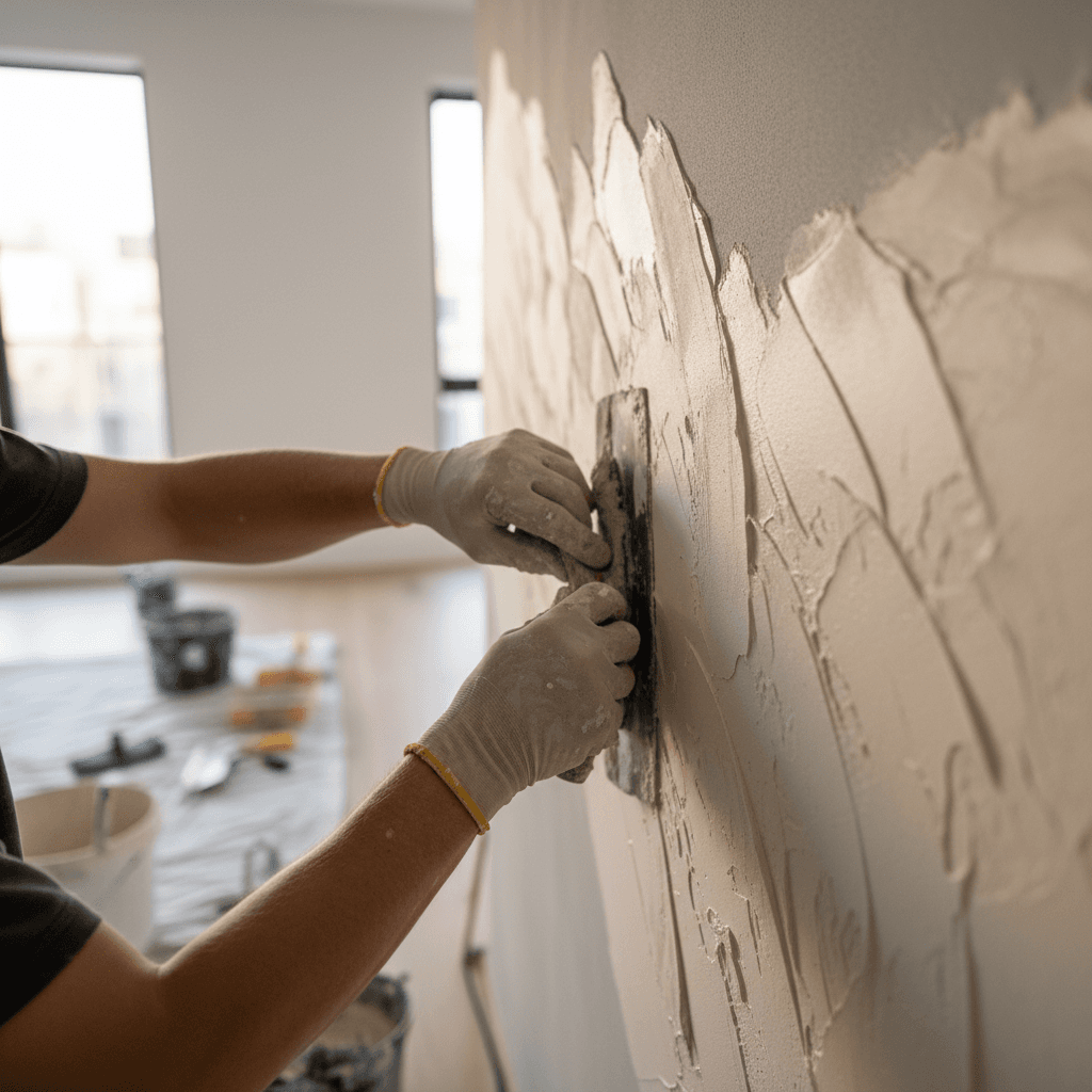 Freshly plastered interior wall corner with smooth finish