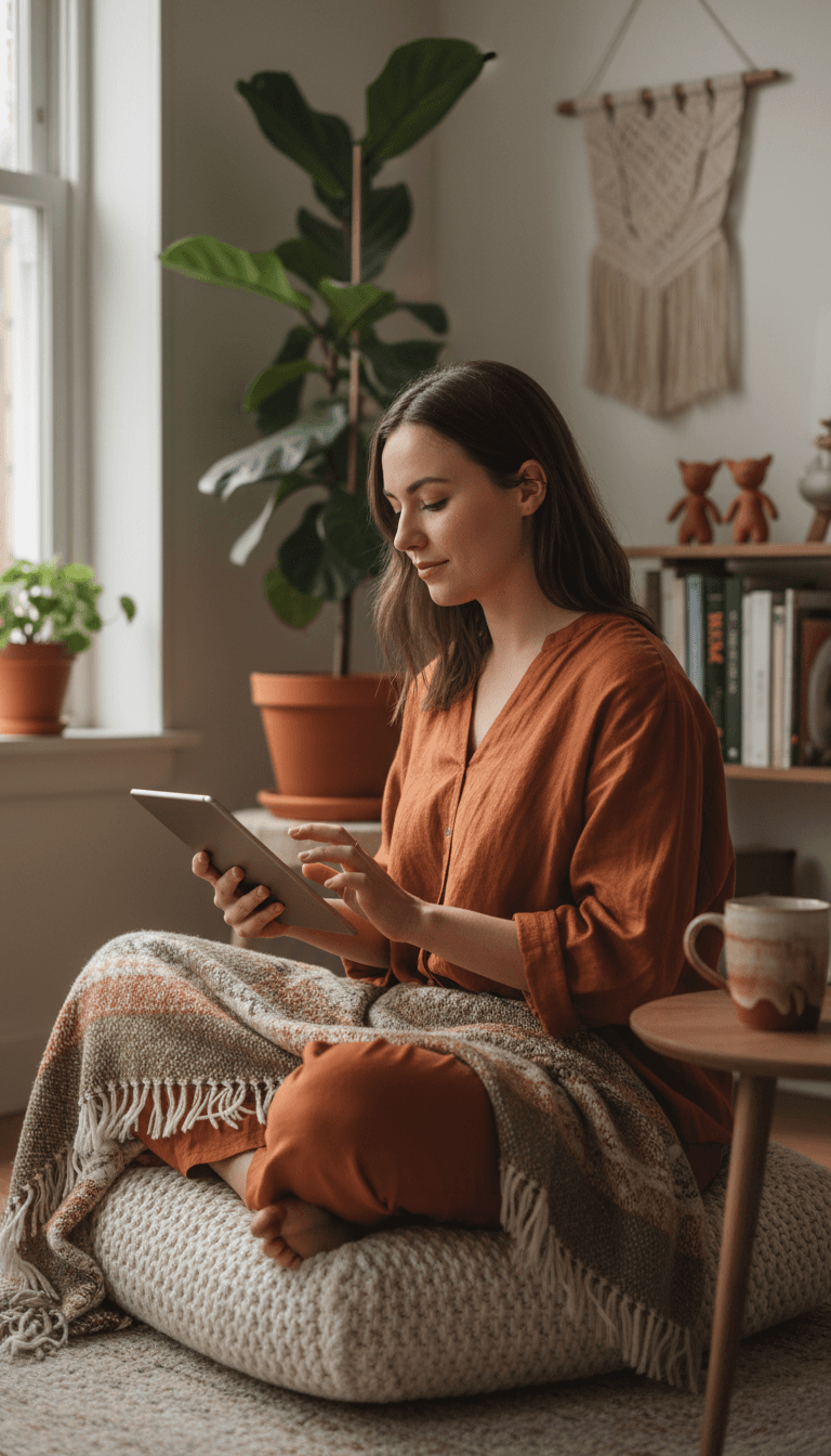 Woman sitting peacefully with journal in cozy, well-lit living space engaged in personal reflection