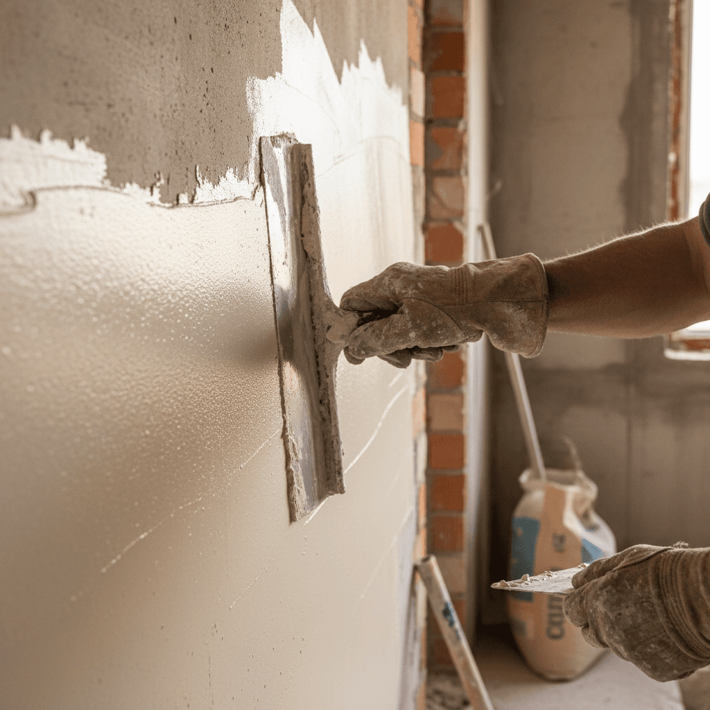 Completed exterior wall plastering with clean finish